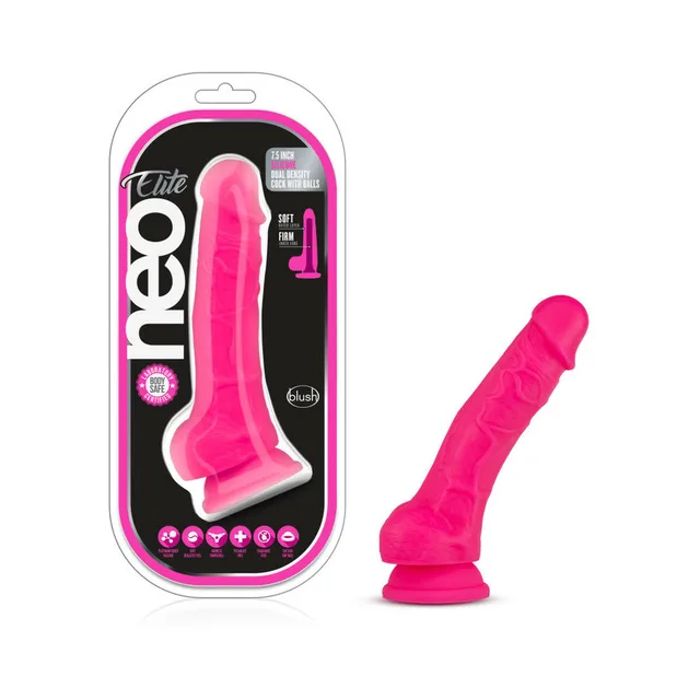 Blush Neo Elite neon pink 7.5-inch dildo beside black-and-pink clear retail package