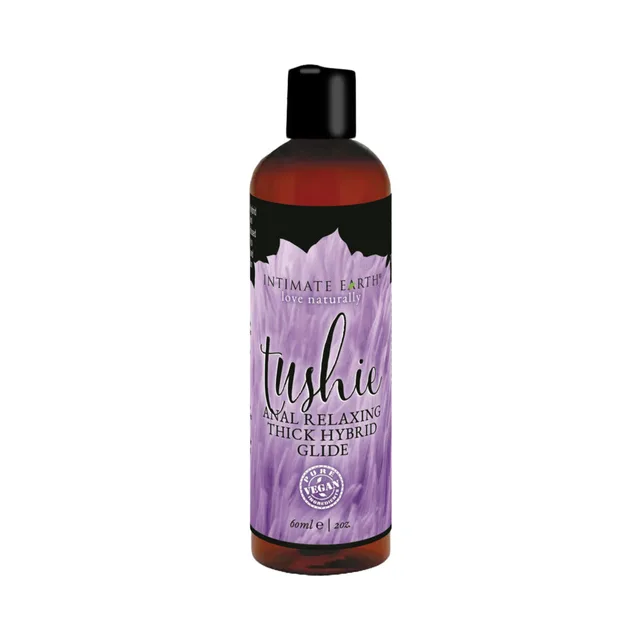 Two-ounce Intimate Earth Tushie hybrid glide bottle with purple label