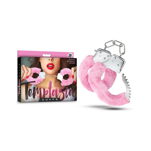 Blush Temptasia Pink Faux-Fur Cuffs beside black retail carton