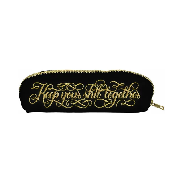 black Keep Your Shit Together canvas pouch with gold zipper and script