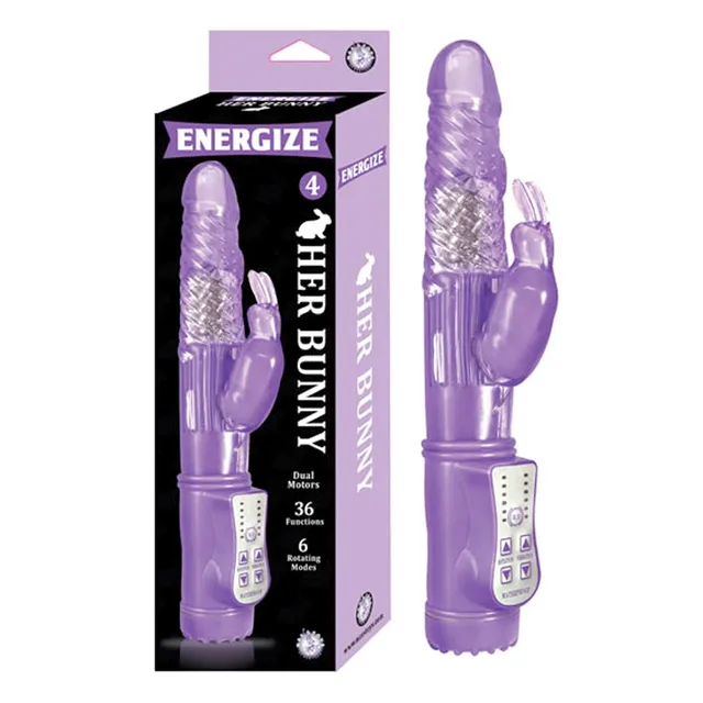 Energize Her Bunny 4 Purple Rabbit Vibrator beside carton