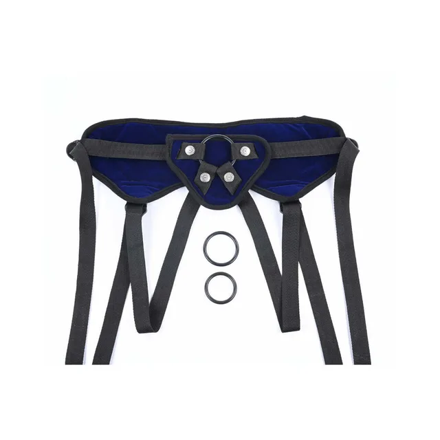 Flat view of cobalt padded harness with black straps and rings