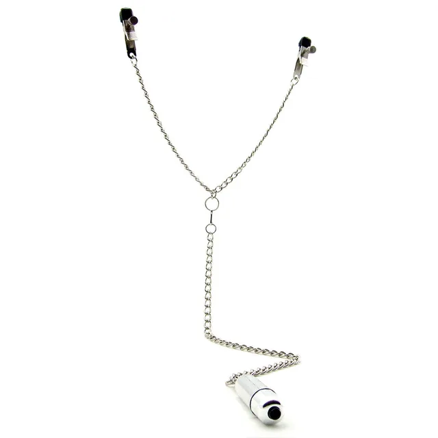 silver Y-shaped chain with two black-tip clamps and compact white bullet