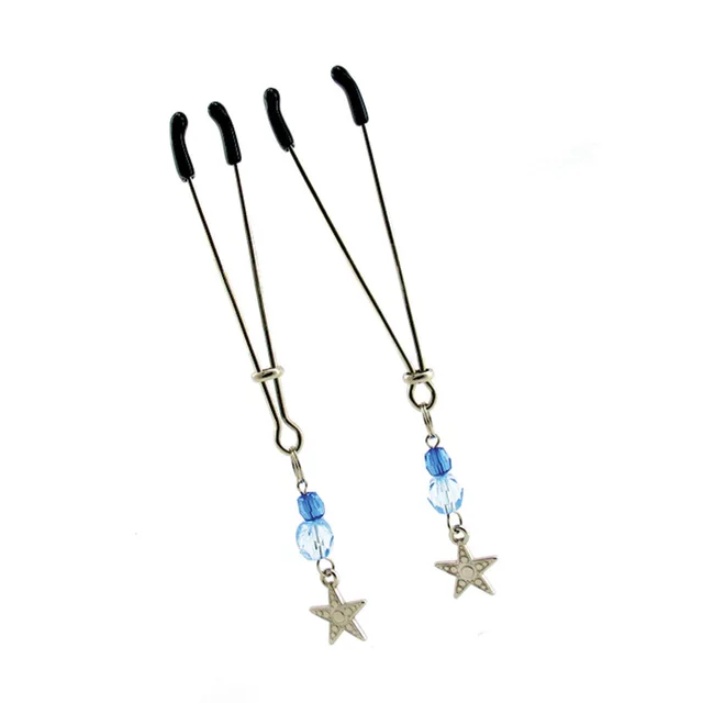 pair of silver-tone tweezer nipple clamps with blue beads and star charms