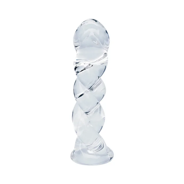 Clarity Seraphic Braid clear glass dildo standing on white