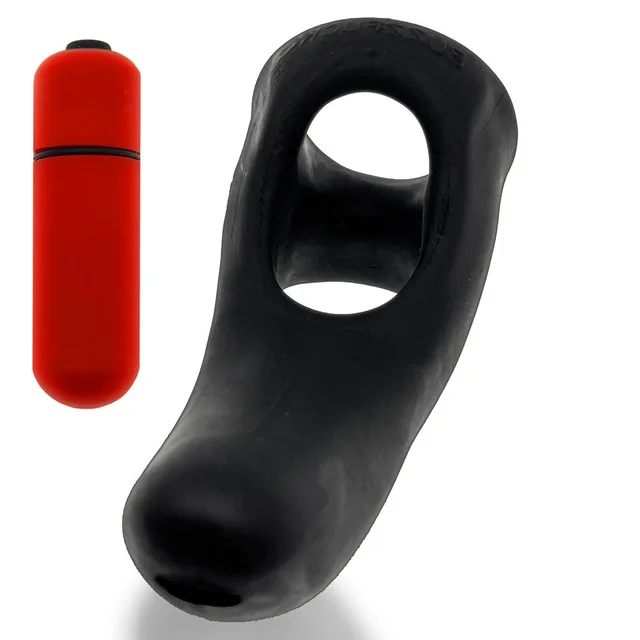 Black Buzzfuck sling beside red cylindrical vibrator