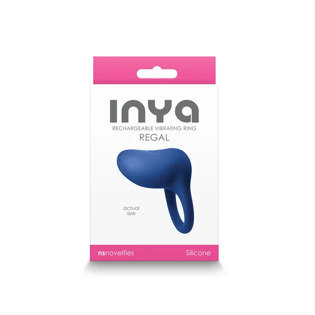 Blue INYA Regal rechargeable vibrating ring in white and pink box