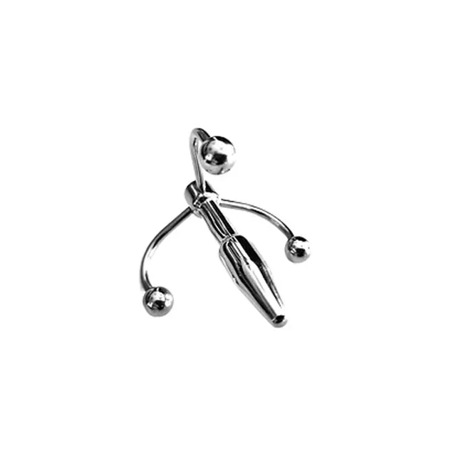 Silver Rouge Crown penis plug with slim shaft and triple-hook head