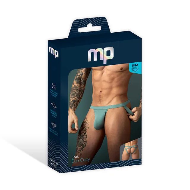 Male Power Eco Cozy Jock in green size S/M displayed in a navy window retail box