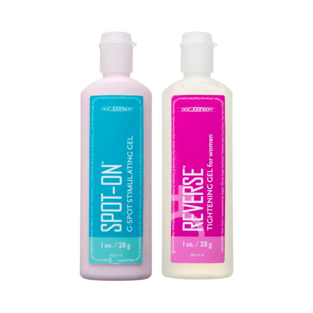 Doc Johnson Spot-On and Reverse Duo turquoise and pink one-ounce bottles