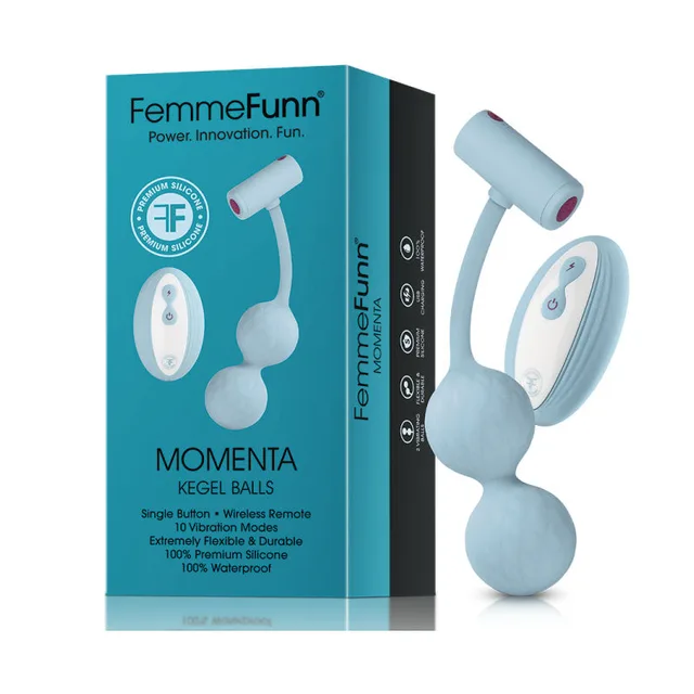 FemmeFunn Momenta light blue Kegel balls, remote and turquoise-and-white retail box