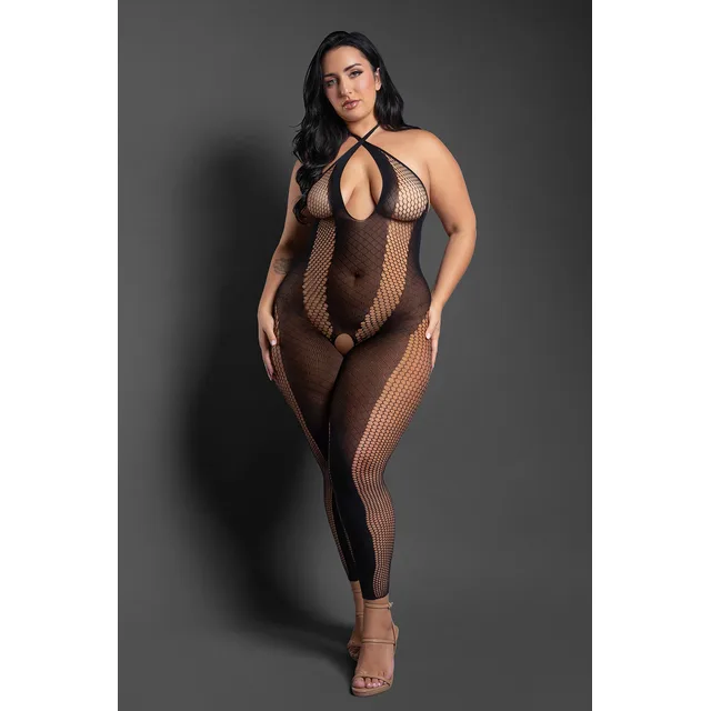 Front view of Make Your Move black Queen patterned bodystocking