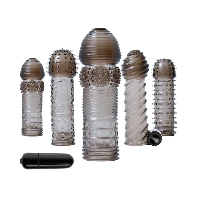 five clear and smoke textured sleeves grouped with a black bullet