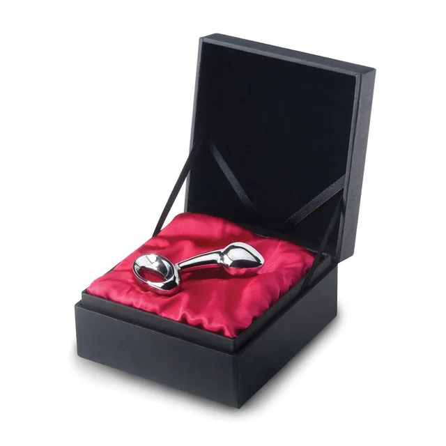 small polished Njoy Pure Plug with ring handle in a black satin-lined presentation box