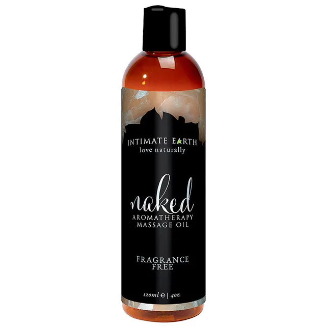 Intimate Earth Naked Massage Oil amber 4 oz bottle with black fragrance free label