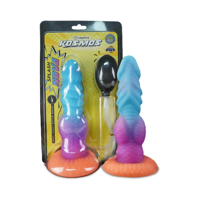 Camtoyz Nova pastel splash dildo beside yellow blister package
