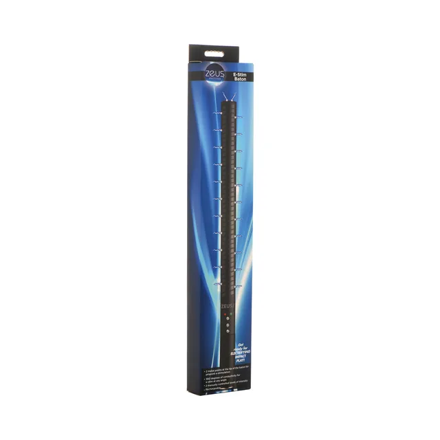 Zeus black E-Stim Baton with ribbed body and control buttons on blue box