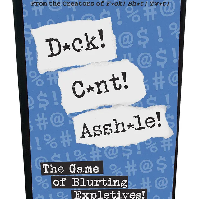 Front of blue D*ck C*nt Assh*le party game box with three white title panels