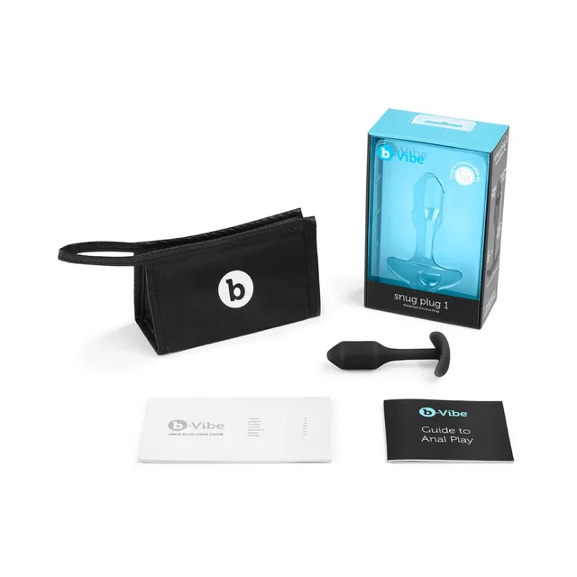 Black b-Vibe Snug Plug 1 with pouch, box and printed guides