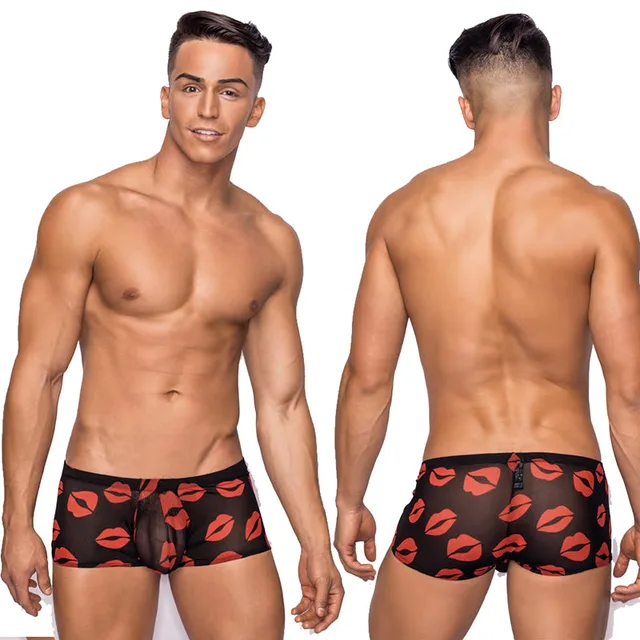 Male Power Kiss Me Mini Short Large front and rear views of black red lip-print design