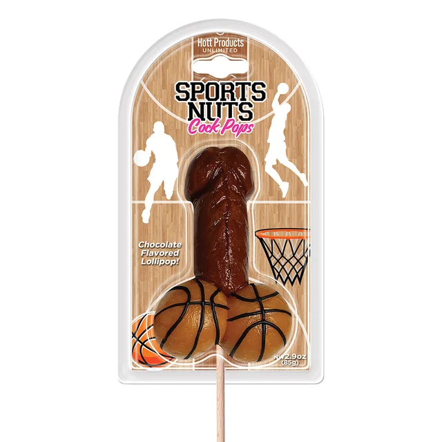 chocolate Sports Nuts Cock Pop above two basketball candies in clear retail packaging