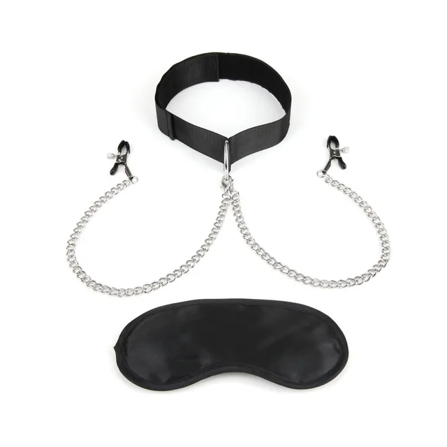 Black Lux Fetish collar, chained clamps and eye mask arranged flat