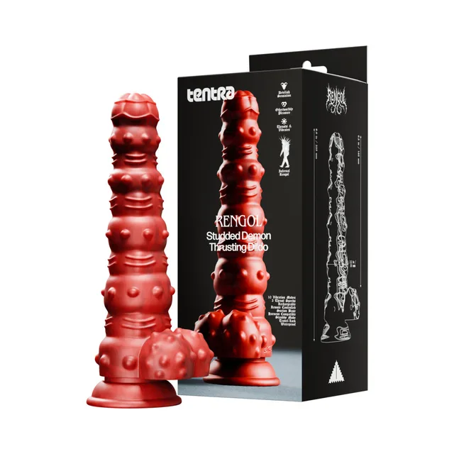 Tentra Rengol red studded demon dildo beside black retail box