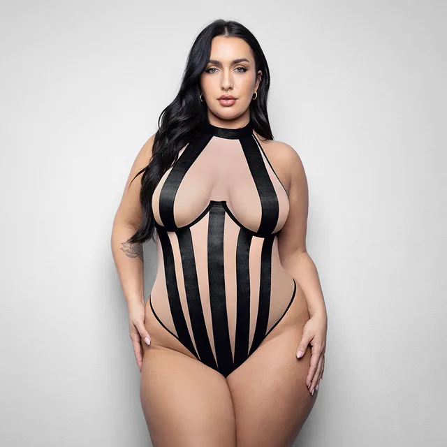 Fantasy Lingerie Elusive Verena High Neck Teddy with Stripe Detail 3XL/4XL
