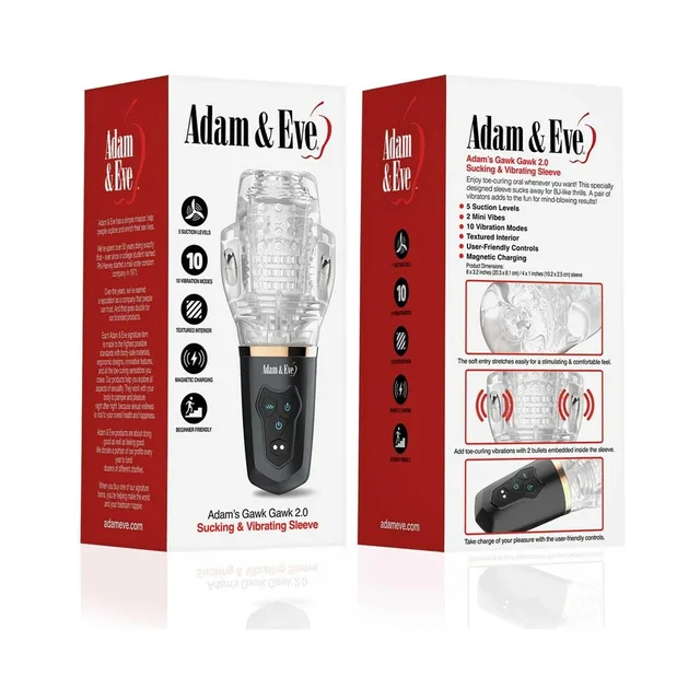 Adam & Eve Gawk Gawk 2.0 clear suction stroker front and rear retail box panels