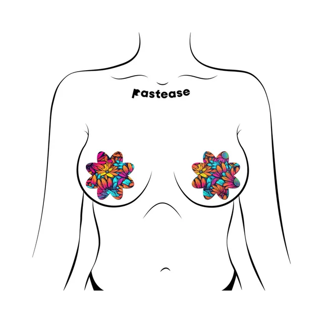 Pastease neon floral petal breast pasties front placement illustration on a torso outline