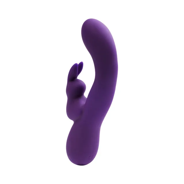 VeDO Kinky Bunny deep-purple vibrator upright front view showing curved main shaft and rabbit arm