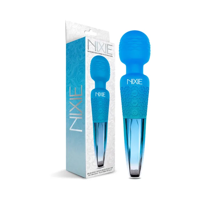 Nixie Blue Ombre wand massager beside black retail box