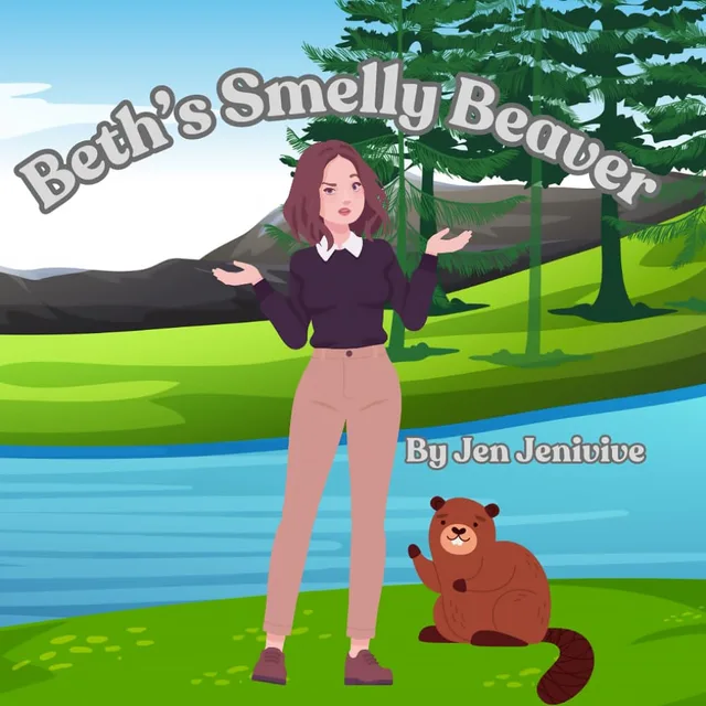 Front cover of Beth's Smelly Beaver adult parody book with a woman, a beaver and evergreen trees beside a lake