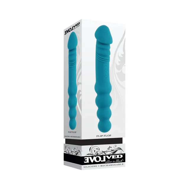 Evolved Flip Flop teal dual-ended vibrator in retail box