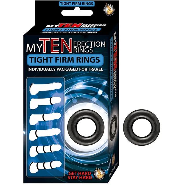 Nasstoys My Ten Black Smooth Rings blue black ten-pack carton beside smooth black ring