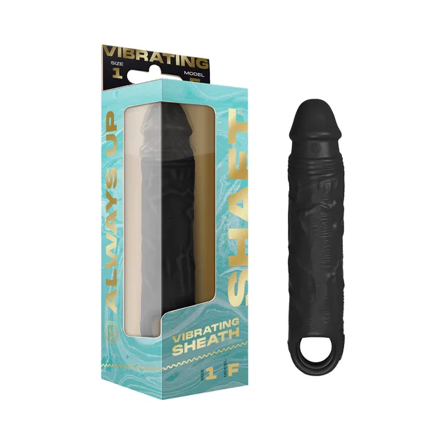 Black Shaft Vibrating Model F size 1 sheath beside turquoise box