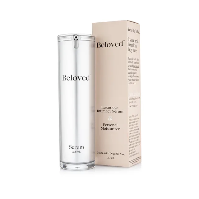 Beloved Intimacy Serum silver pump bottle beside cream box