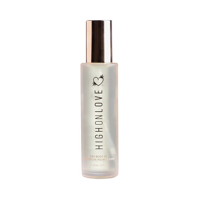HighOnLove Cashmere Pear dry body oil 3.4 oz single clear cylindrical bottle with pale gold liquid