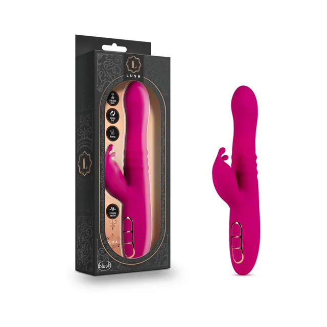 velvet-pink Lush Kira rabbit vibrator standing beside its black window box