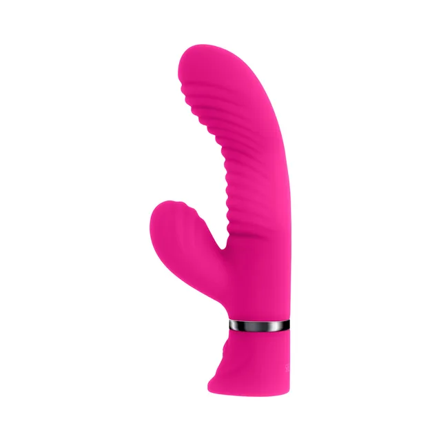 Selopa Next Wave hot-pink dual stimulator left side view with curved shaft and side arm