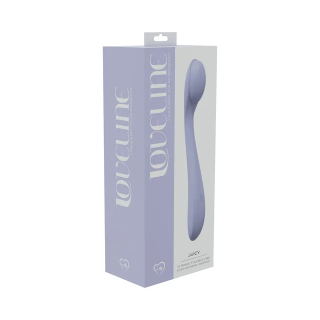 lavender LoveLine Juicy flexible vibrator pictured on matching retail box