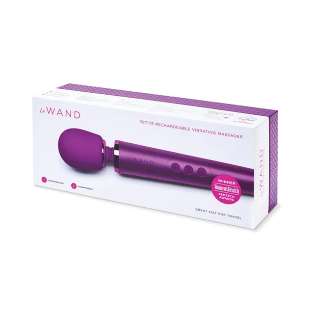 Le Wand Petite Dark Cherry massager pictured on retail box