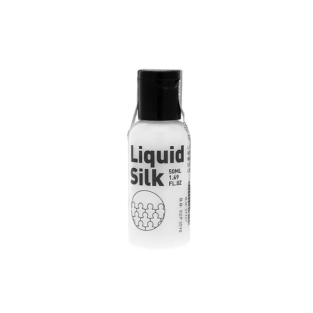 Liquid Silk 50 ml white lubricant bottle with black flip-top cap