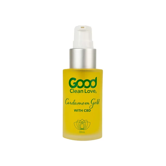 front view of yellow Good Clean Love Cardamom Gold pump bottle