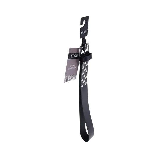 Rear hanging view of Sportsheets Edge black Belt Spanker