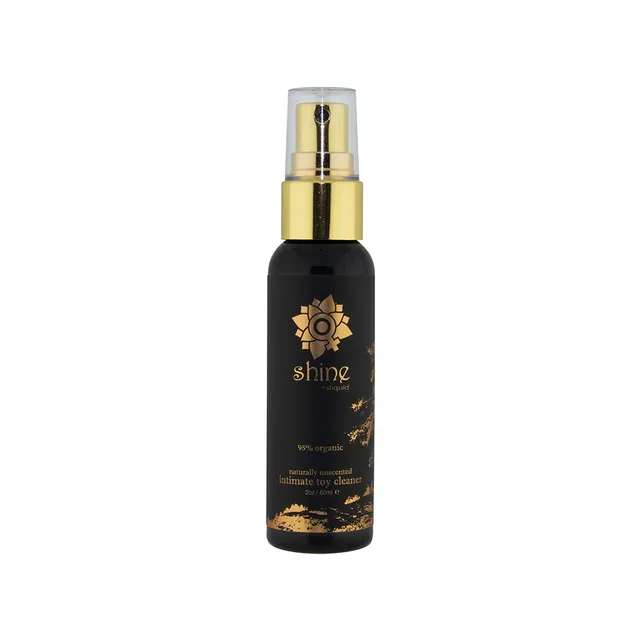Sliquid Shine Organic 2 oz black toy cleaner bottle with gold spray pump
