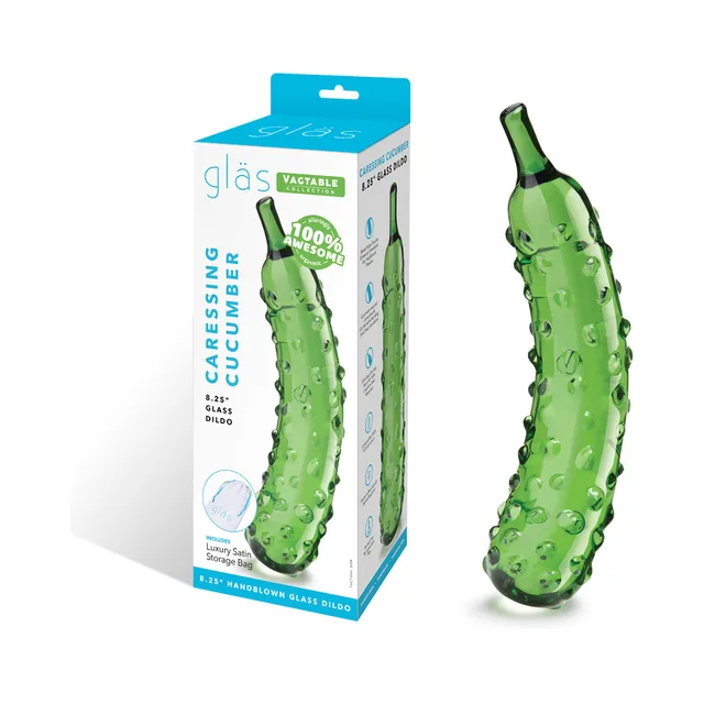 Green bumpy Glas Caressing Cucumber dildo beside turquoise retail box
