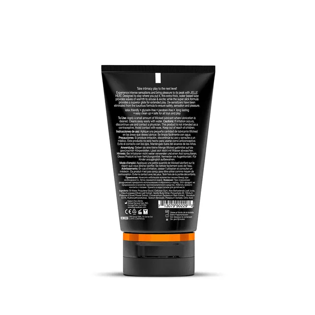 Wicked Jelle Heat 4 oz lubricant rear black tube with dense white text, barcode and orange band