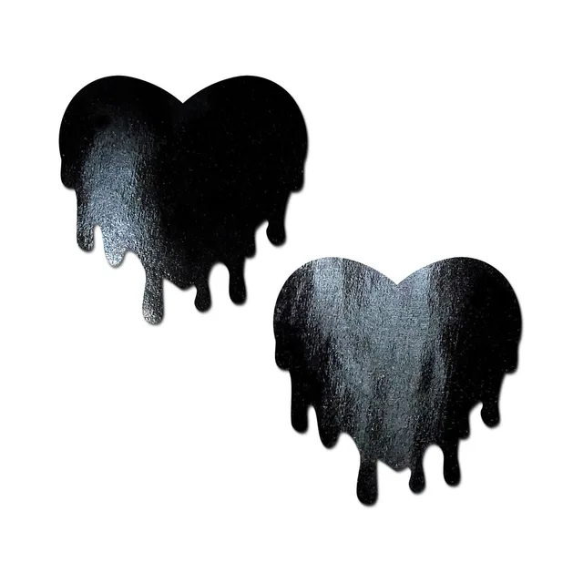 pair of glossy black faux-latex heart nipple pasties with dripping lower edges