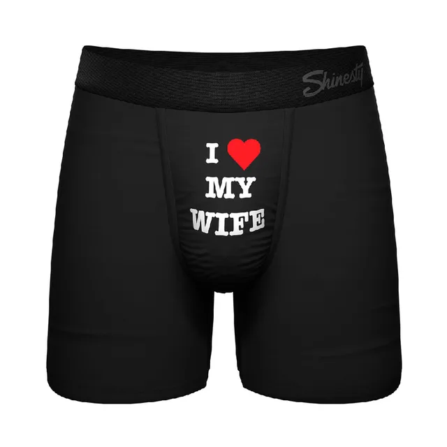 Front view of Shinesty Brownie Points size 2XL black pouch underwear with I Love My Wife message